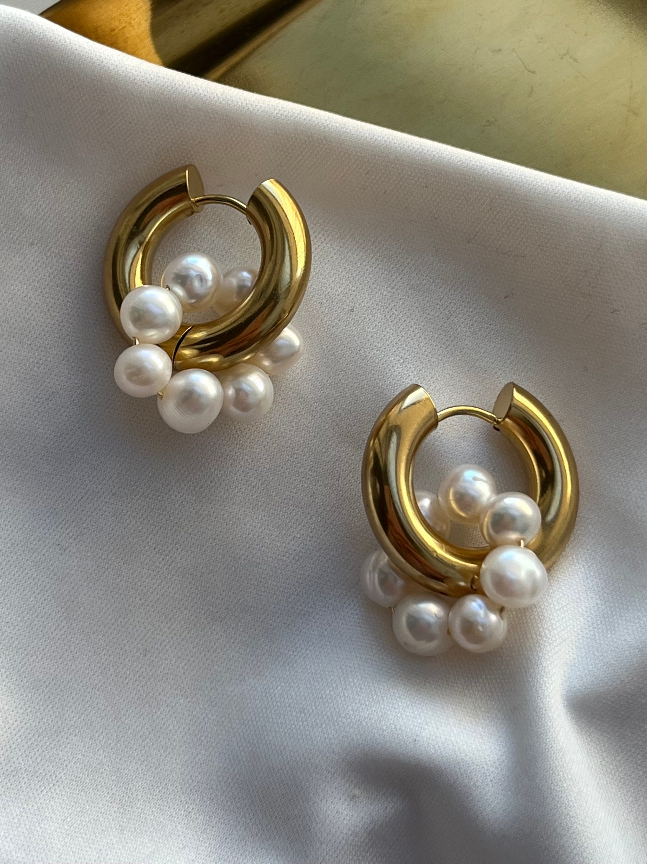 Chunky Hoop Earrings With Pearls, Retro Pearl Earrings, Large Pearl Hoops, Big Hoop