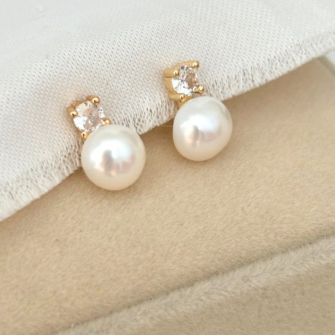 Real Pearl Diamond Style Stud Earrings, Gold Real Natural Christmas Gift, Bridesmaids Gift For Her