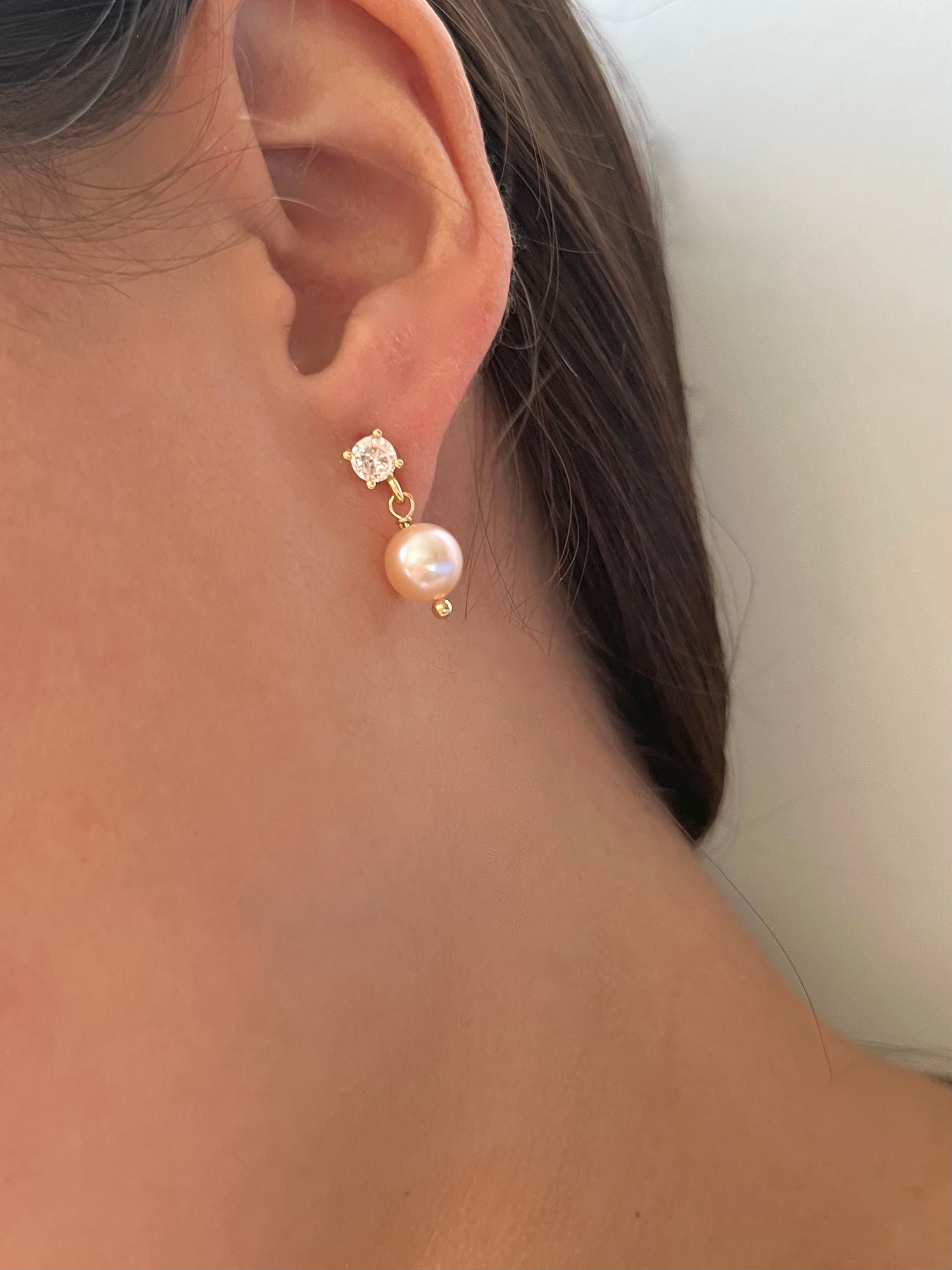 Pink Pearl Gold Earrings, Bridal Round Freshwater Wedding Pearl 14K Gold Filled Chain