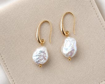 Gold Pearl Hook Earrings, Freshwater Pearl Earrings, Pearl Jewelry, Baroque Pearl Jewelry Set: Keshi Pearl Earrings & Pendant.