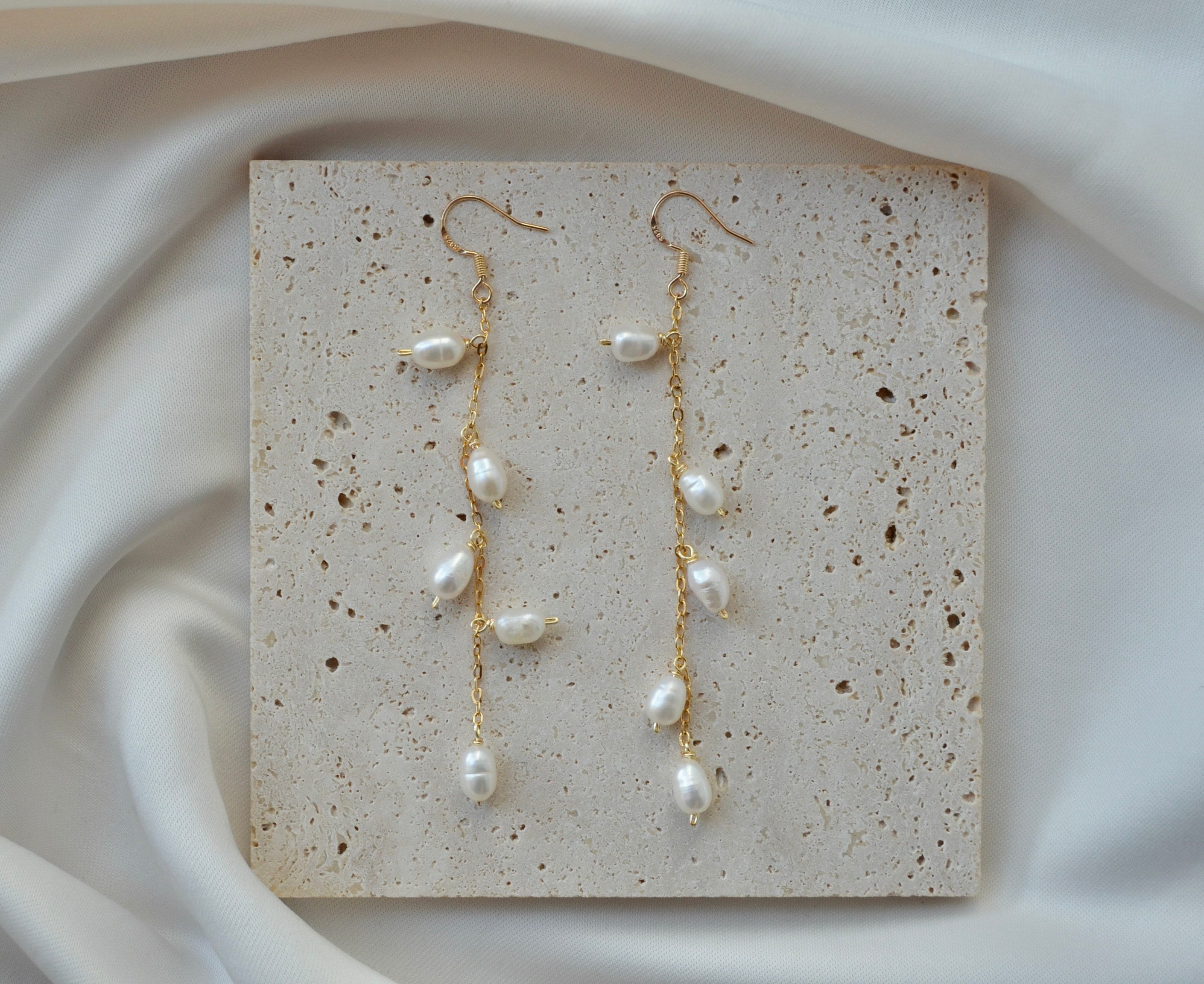 Seed Pearl Drop Earrings, Bridal Earrings, Gold Pearls Silver Dangle Lighweight Earrings