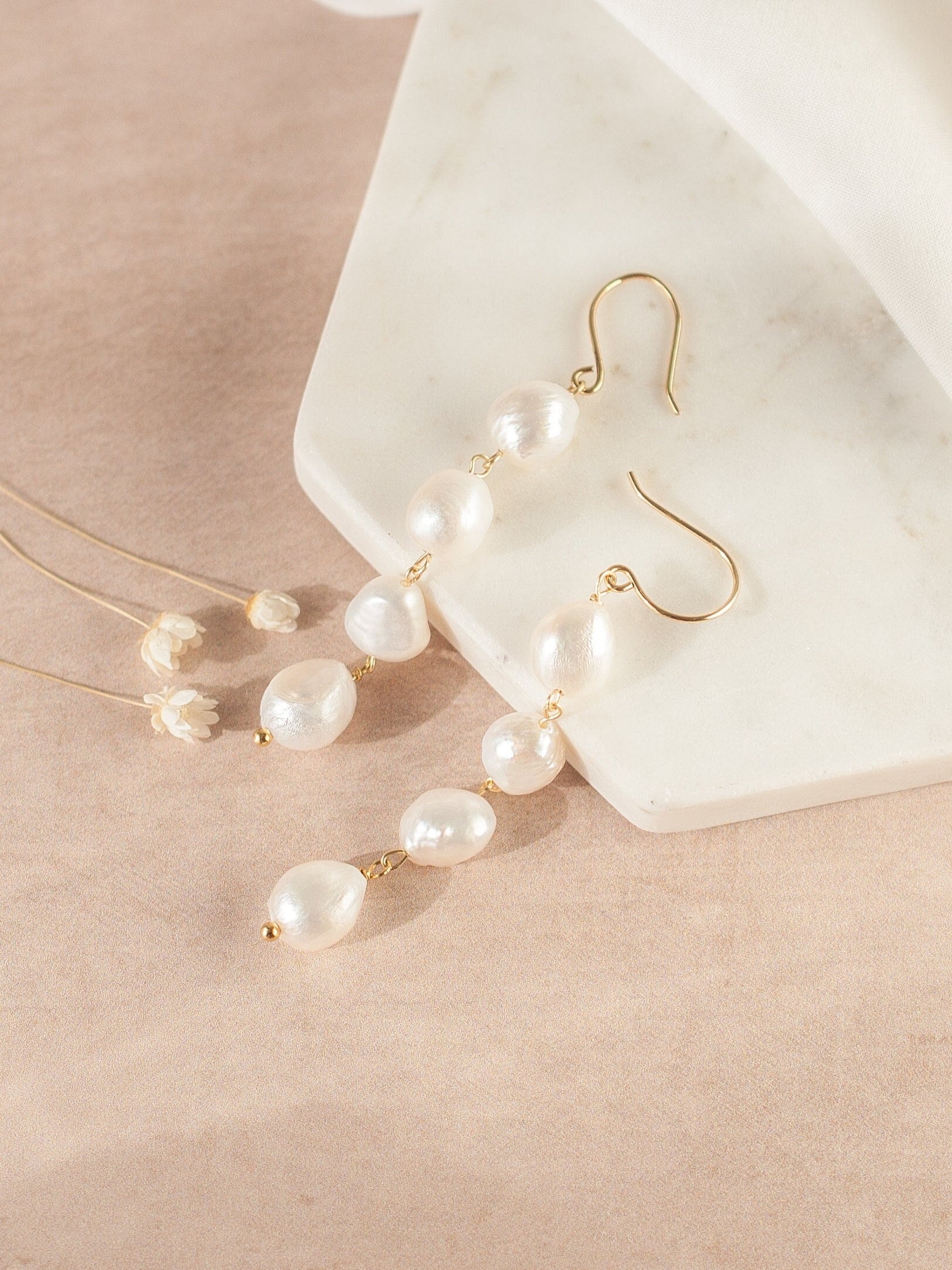Bridal Pearl Earrings, 14K Gold Filled Tarnish Resistant, Baroque Drop Pearls Long Dangle Earrings