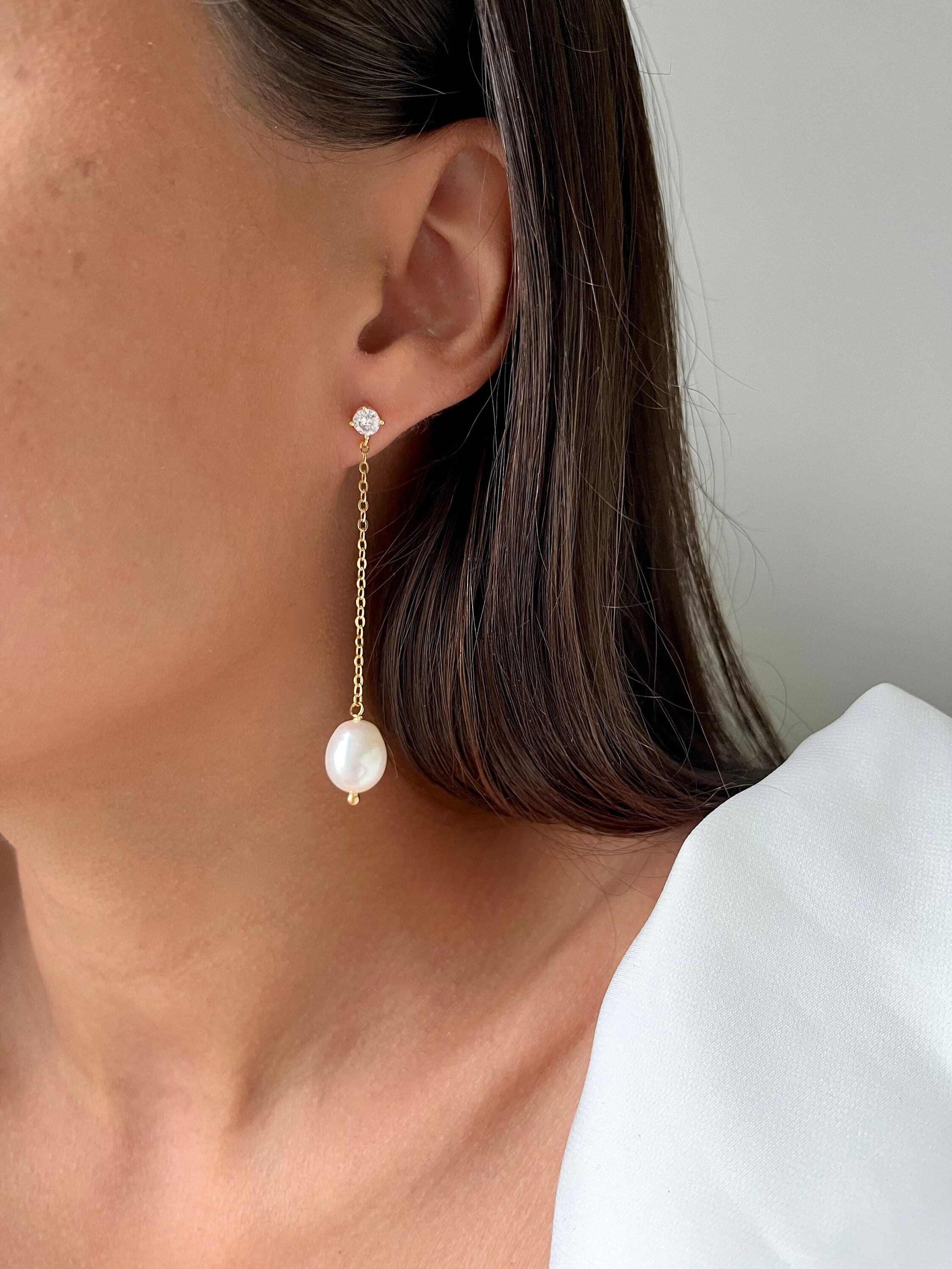 Real Pearls & Dainty Cz Diamond Earrings, Minimalist Long Bridal Wedding Jewelry, Anniversary Gift, Teardrop Pearls