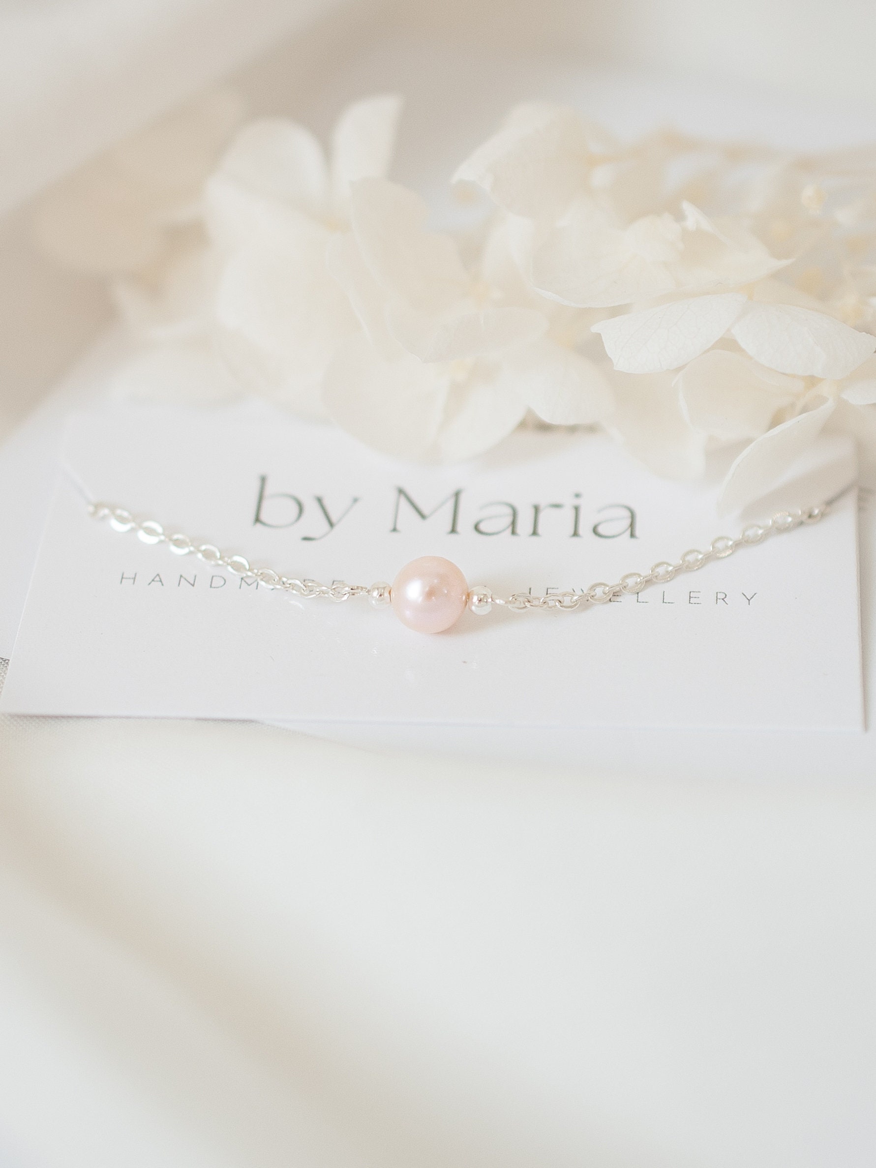 Pink Freshwater Pearl Bracelet L Silver Cable Chain & Details