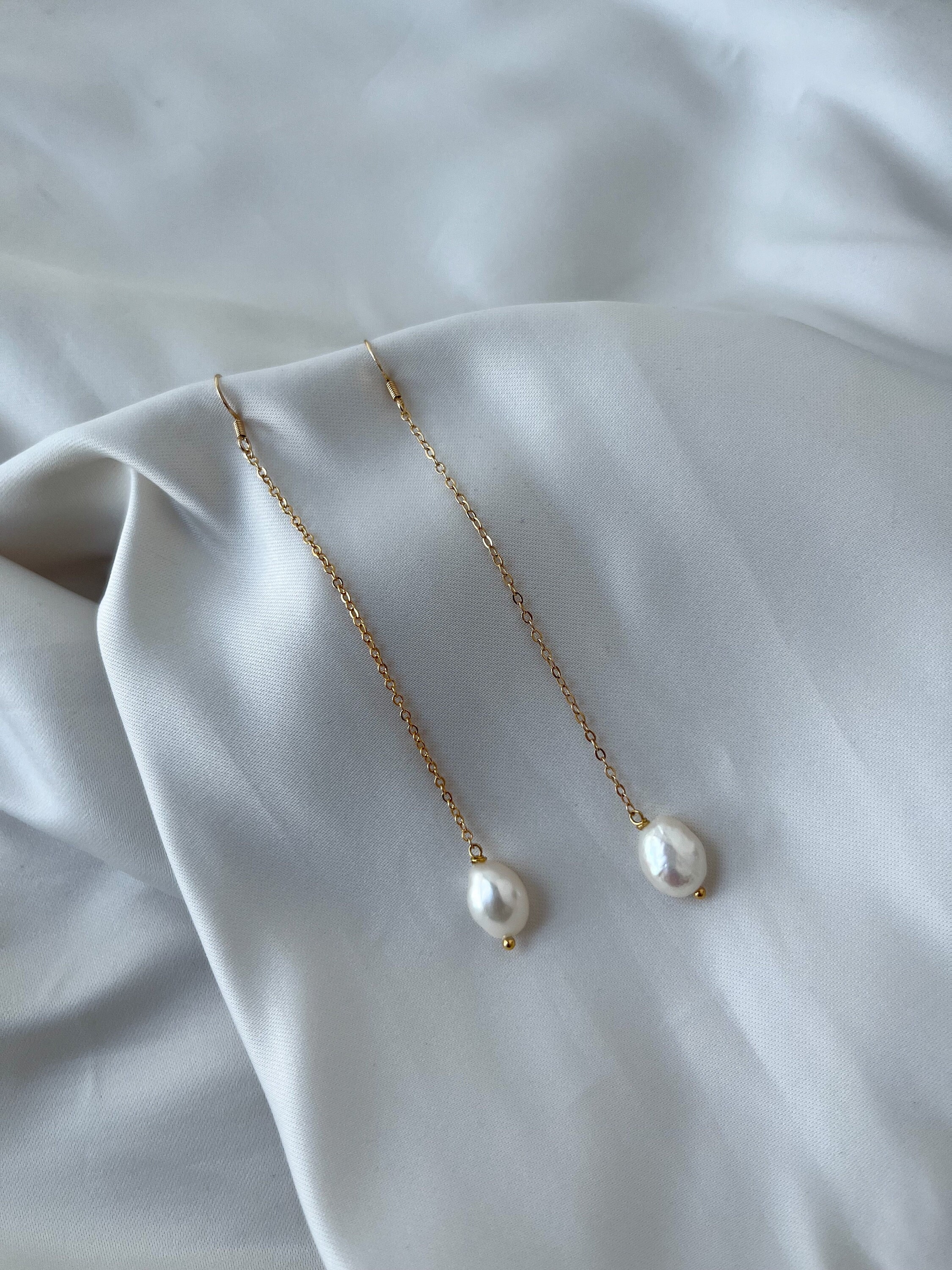 Long Chain Pearl Earrings | Drop Dangle 14K Gold Filled & 925 Sterling Silver Bridal