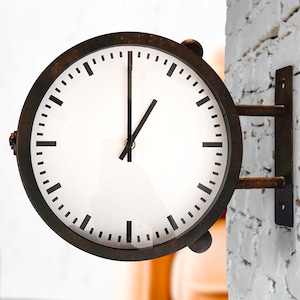 Double sided station wall clock, industrial, Black, gold color, quiet, antiqued.
