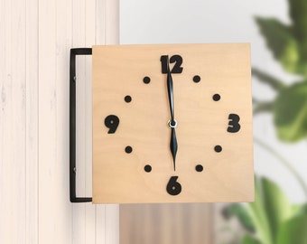 Wooden double-sided clock in the boho-natural style, station clock with silent mechanisms.