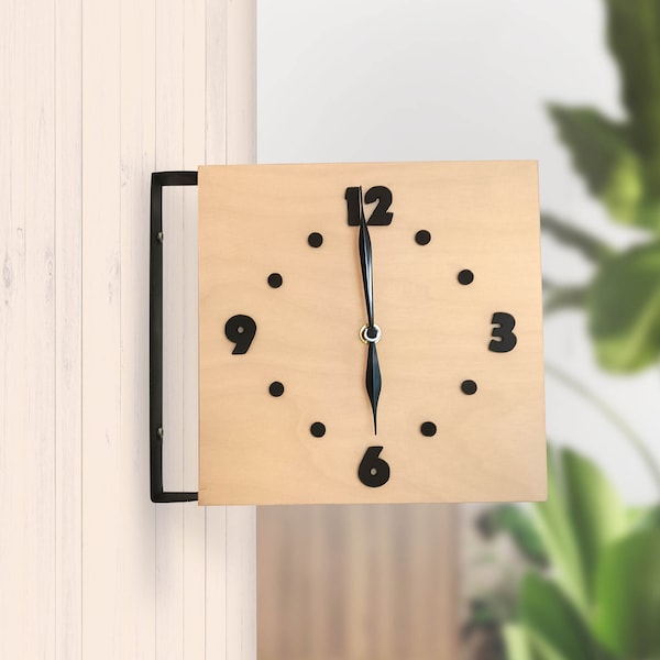 Horloge recto-verso en bois de style bohème-naturel, horloge de gare avec mécanismes silencieux.