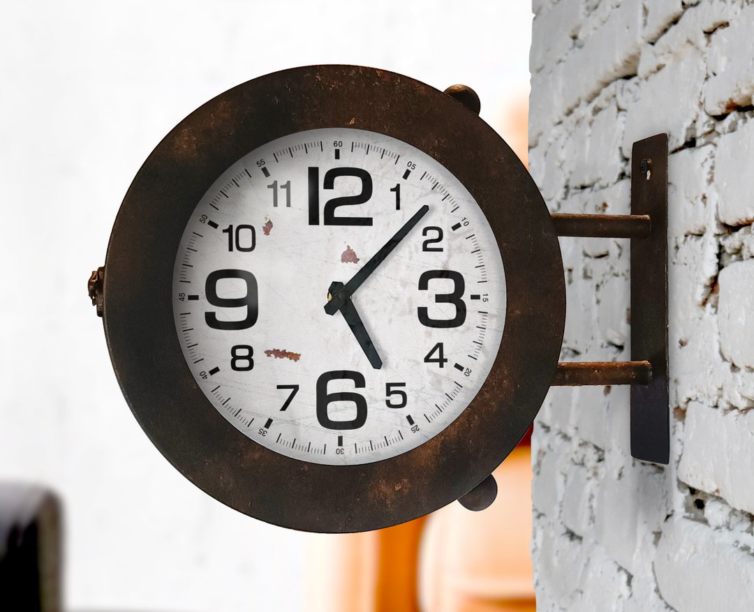 Double Sided Station Wall Clock Black Gold Color Quiet Etsy