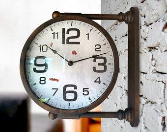 Industrial station clock,  big unique double-sided wall clock, antiqued. Black, gold color and rust, 12inch