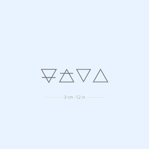 May include: Four simple geometric symbols, representing the four elements: earth, air, fire, and water. The symbols are arranged in a row, with the earth symbol on the left, followed by air, fire, and water. The symbols are all gray and are approximately 3 cm (1.2 in) in size.