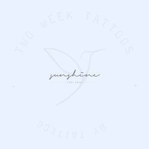 Puede incluir: Logotipo de Two Week Tattoos con un diseño de colibrí y la palabra "sunshine" en cursiva. El logotipo está en gris sobre un fondo azul claro. El texto "1.3 in - 3.4 cm" está debajo de la palabra "sunshine".