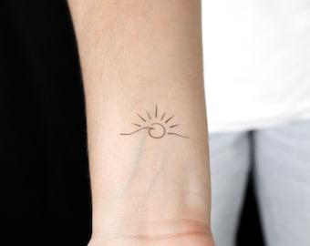 Tatuaje semipermanente minimalista de olas marinas y puesta de sol (juego de 2)