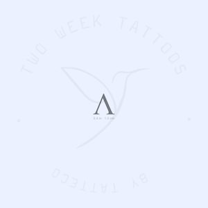 Può includere: Logo di Two Week Tattoos con un colibrì stilizzato e la lettera A in grigio. Il testo "Two Week Tattoos" è scritto in un cerchio attorno al colibrì. Il testo "0.4 in - 1.0 cm" è sotto la lettera A.