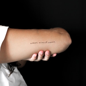 Peut inclure: Gros plan sur un bras avec un petit tatouage. Le tatouage, dans une écriture délicate, dit "amor vincit omnia". Le teint est clair et le fond est noir uni.