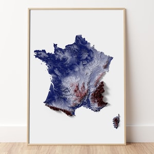 Frankrijk - print topografische reliëfkaart