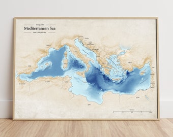 Mittelmeer Karte Drucken: Bathymetrie & Topographie Kunst