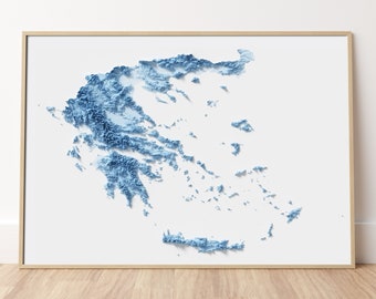 May include: A blue 3D relief map of Greece, printed on white paper and framed in a light wood frame.