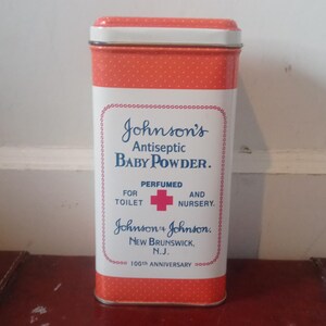 Vintage Johnson and Johnson Antiseptic Baby Powder Advertising Tin 100th Anniversary 19th Century 1980s Replica Bathroom Nursery Home Decor