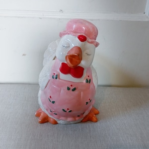 Adorable Vintage Hand Painted Ceramic Chicken Hen Pink Bonnet and Apron Farmhouse Planter Utensil Holder Knick Knack Home Decor Figurine