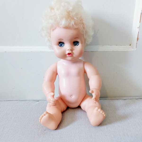 Vintage 1960s Plastic and Vinyl Blonde Hair Blue Eyed Drink and Wet Sleepy Eye Moveable Jointed Doll