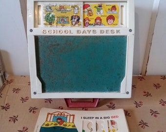 Vintage 1972 Fisher Price Toys School Days Desk Chalk Board Retro Learning Cards
