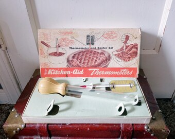 Vintage 1950s Midcentury Kitchen Aid Thermometer and Baster Glass Tool Set Chaney MFG. Co