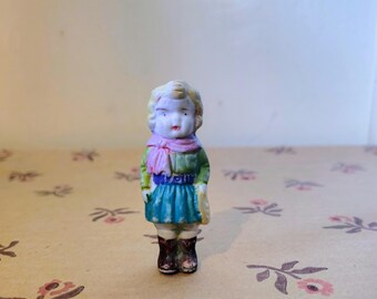 Vintage Antique Small Dollhouse Frozen Charlotte Cowgirl Blonde Penny Dolls Bisque Porcelain Knick Knack Japan Figurine