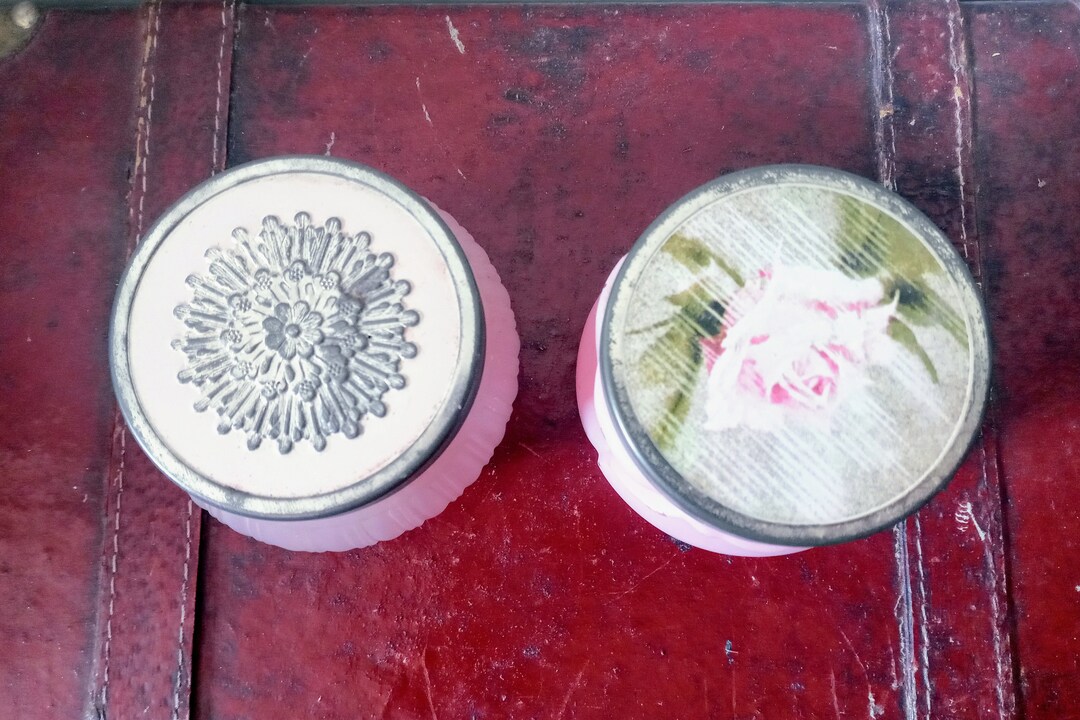 Set of 2 Vintage MCM Avon Glass Jars Floral Pink Dew of Roses Elusive 5