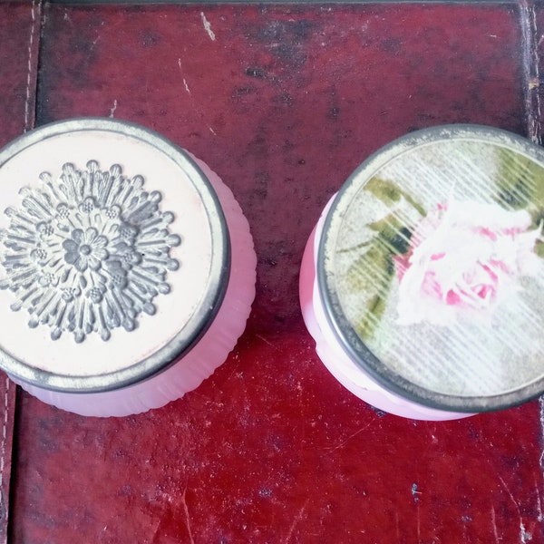 Set of 2 Vintage MCM Avon Glass Jars Floral Pink Dew of Roses Elusive 5 oz Cottagecore Romantic Beautiful Bathroom Bedroom Home Decor