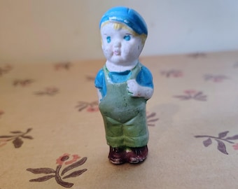 Vintage Antique Rare Frozen Charlotte Boy in Overalls Penny Doll Figurine Knick Knack Small Dollhouse Bisque Porcelain Home Decor