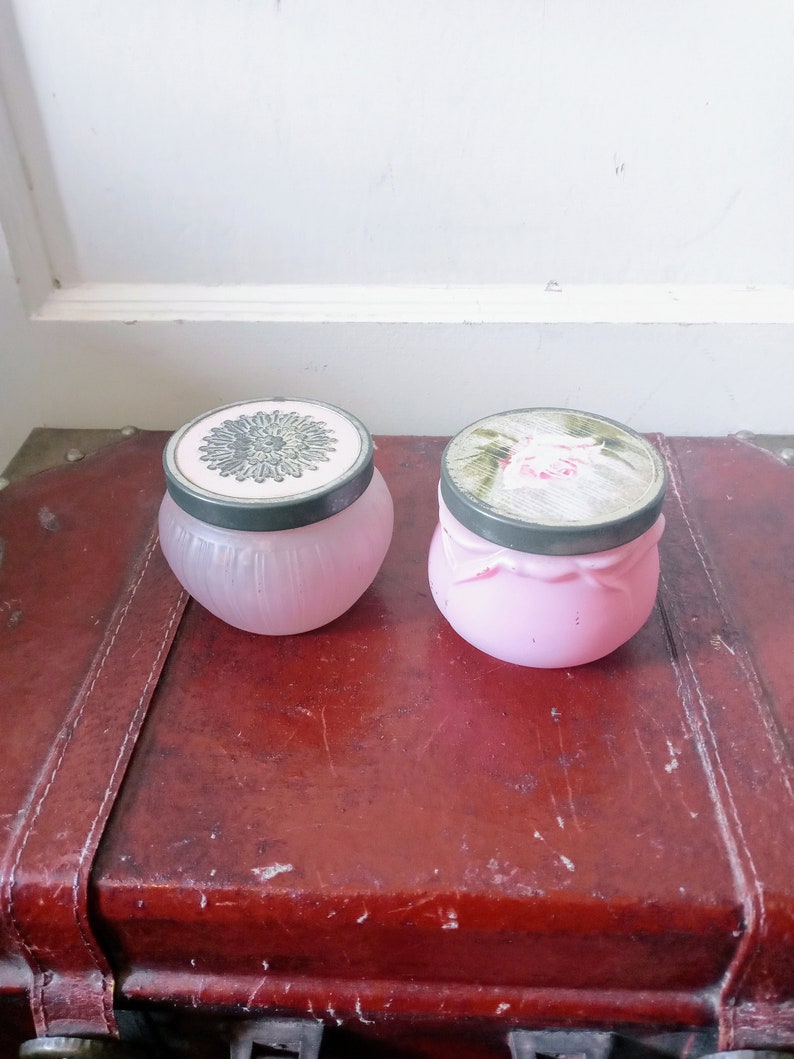 Set of 2 Vintage MCM Avon Glass Jars Floral Pink Dew of Roses Elusive 5 oz Cottagecore Romantic Beautiful Bathroom Bedroom Home Decor image 2