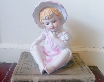 Vintage Piano Baby Porcelain Bisque Girl Hand Painted Figurine Knick Knack Home Decor