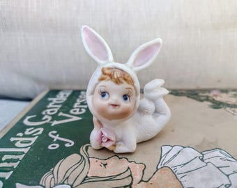 Lefton Midcentury Japan Bisque Bunny Girl with Flower Figurine Knick Knack Home Decor
