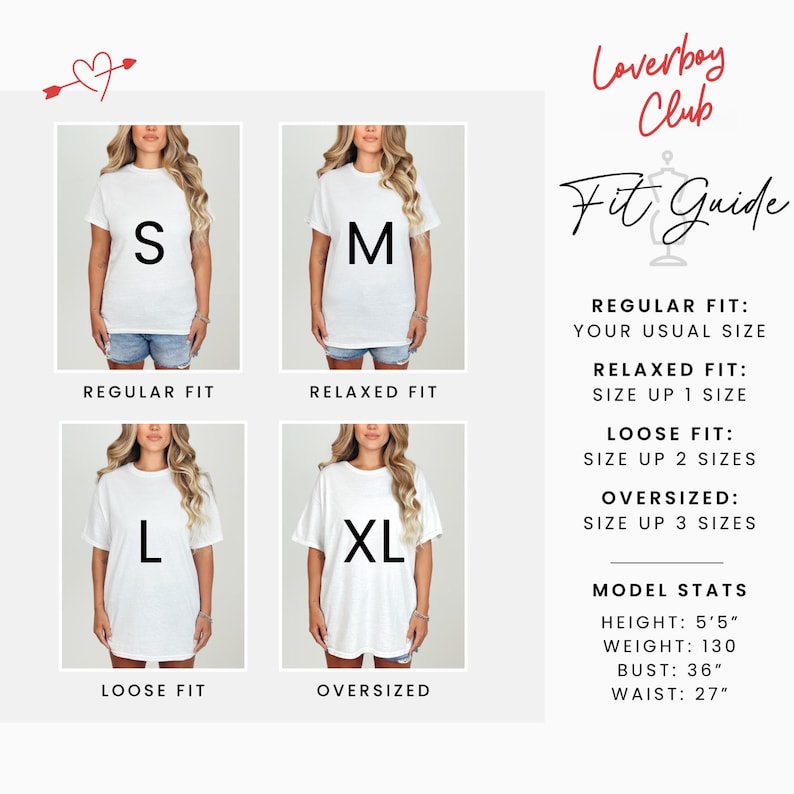 以下が含まれることがあります： 4人のモデルがS、M、L、XLの異なるサイズを着ているTシャツのサイズチャートです。チャートは、各サイズのフィット感を示しています：レギュラー、リラックス、ルーズ、オーバーサイズ。モデルの身長は165cm、体重は59kgです。バストは91cm、ウエストは69cmです。