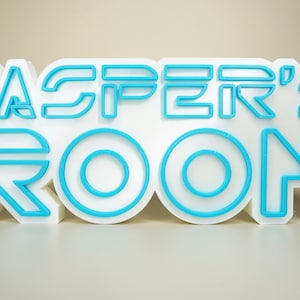 May include: White 3D printed sign with blue outline that reads "JASPER'S ROOM".