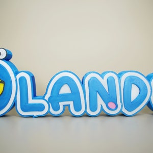 May include: Blue and white 3D name sign with the name "OLANDO" spelled out in large, bold letters. The "O" at the beginning and the "O" at the end of the name have a yellow bell with a black outline on them. The "O" at the beginning of the name also has two black eyes on top.