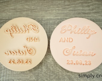Cortador de galletas de boda con nombres y fechas personalizados: sello de fondant