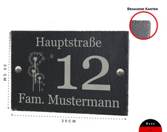 Hausnummer Türschild aus Schiefer anthrazit mit Wunschgravur Straße Nummer Namen 30x20cm Pusteblume