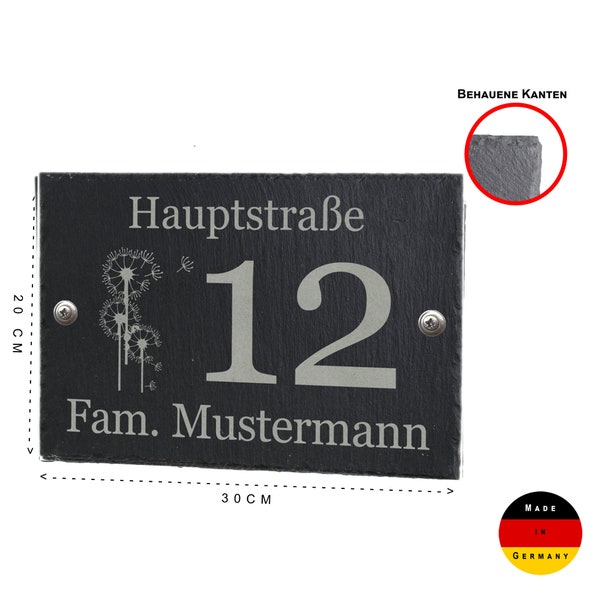 Hausnummer Türschild aus Schiefer anthrazit mit Wunschgravur Straße Nummer Namen 30x20cm Pusteblume