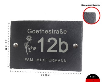 Hausnummer Türschild aus Schiefer anthrazit mit Wunschgravur Straße Nummer Namen 30x20cm Rose
