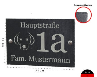 Hausnummer Türschild aus Schiefer anthrazit mit Wunschgravur Straße Nummer Namen 30x20cm Hund