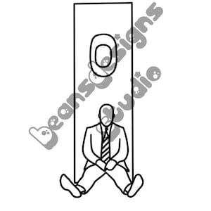 May include: A black and white line drawing of a person sitting in a doorway. The person is wearing a suit and tie. The doorway is shaped like a rectangle with a circle in the middle.