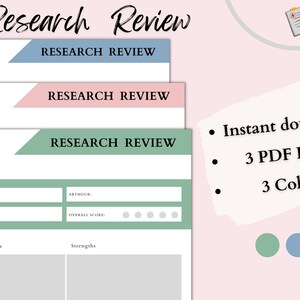 Puede incluir: Plantilla de revisión de investigación imprimible con tres páginas en azul, rosa y verde. La plantilla incluye secciones para el título, el autor, el acceso, la puntuación general, la descripción general del contenido y las fortalezas.