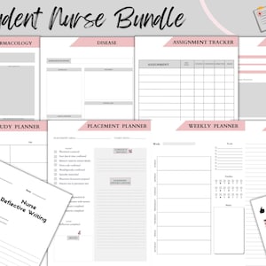 May include: A printable student nurse bundle with pink and grey accents. The bundle includes pages for pharmacology, disease, assignment tracker, research review, study planner, placement planner, weekly planner, study notes, and reflective writing.
