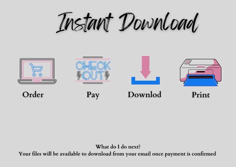 May include: A graphic showing the steps to download a digital product. The steps are: Order, Pay, Download, Print. The graphic includes icons for each step. The text "Instant Download" is at the top of the graphic. The text "What do I do next?" is below the icons. The text "Your files will be available to download from your email once payment is confirmed" is at the bottom of the graphic.