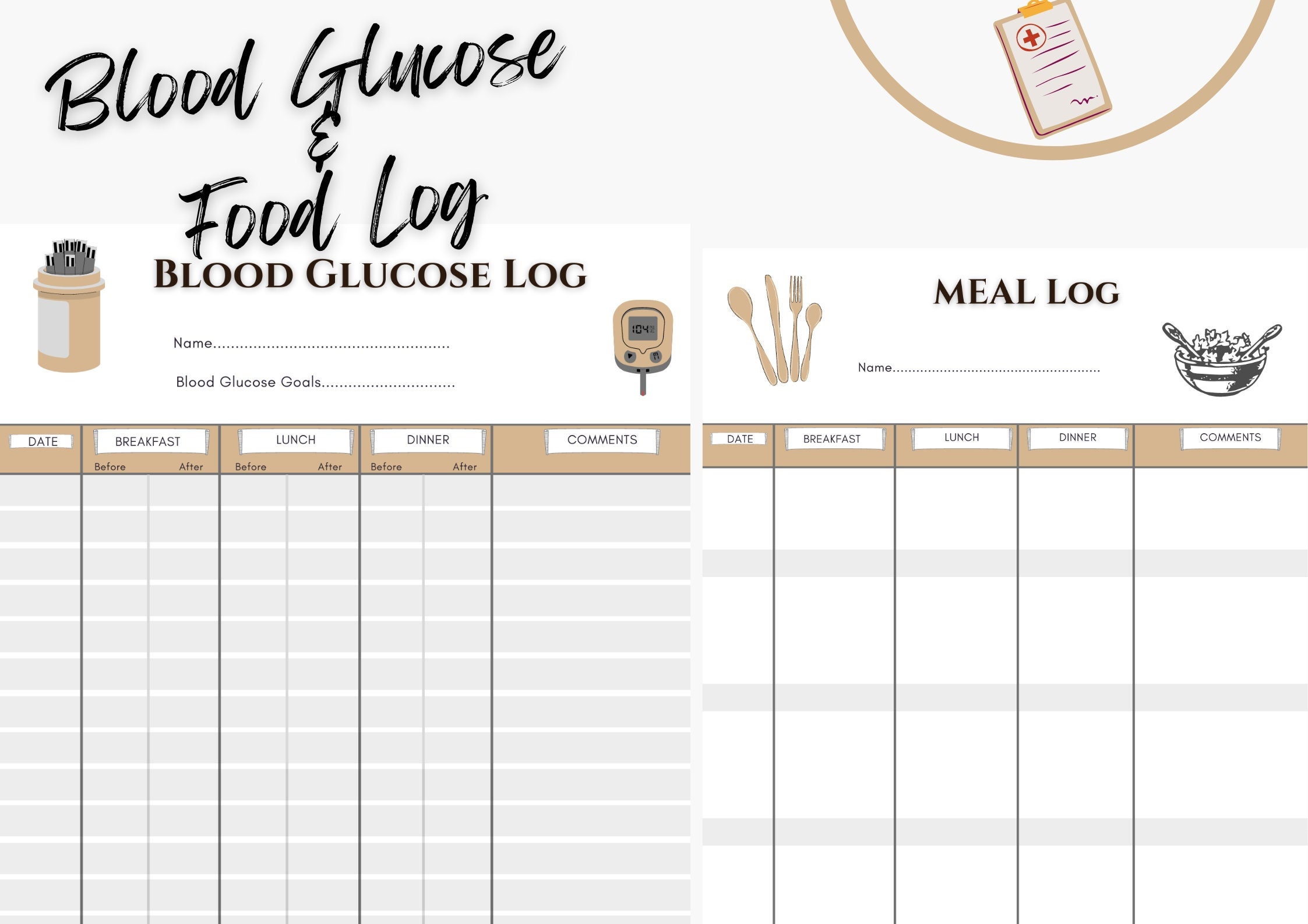 Blood Glucose Monitoring & Food Log Sheet printable A4 PDF Blood Sugar