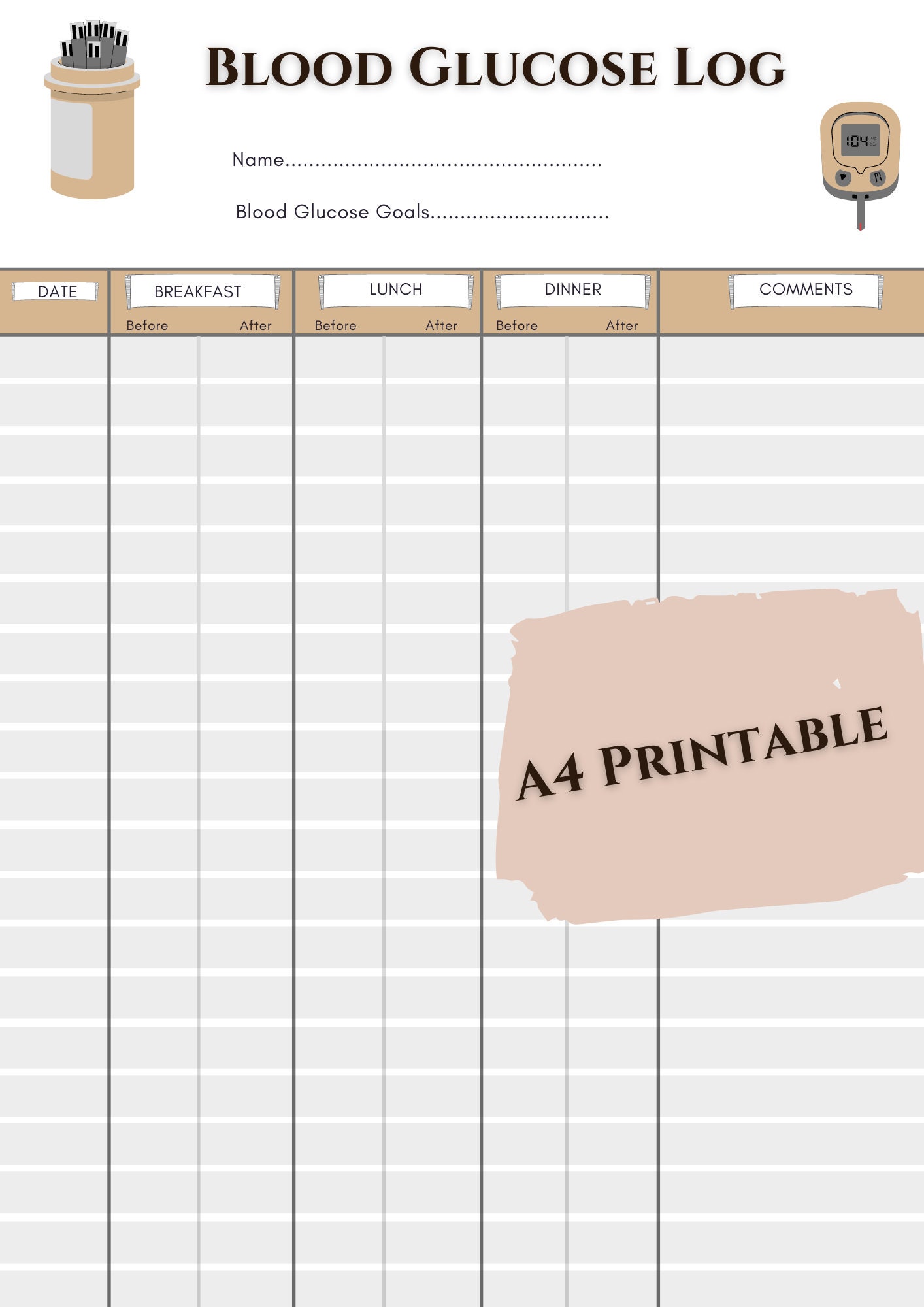 Blood Glucose Monitoring & Food Log Sheet *printable A4 PDF* Blood ...