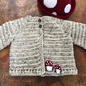 Child’s crochet mushroom cardigan, sweater, coat with matching mushroom hat!