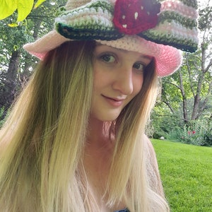 Adorable Cottage Core crochet Strawberry Shortcake bucket hat
